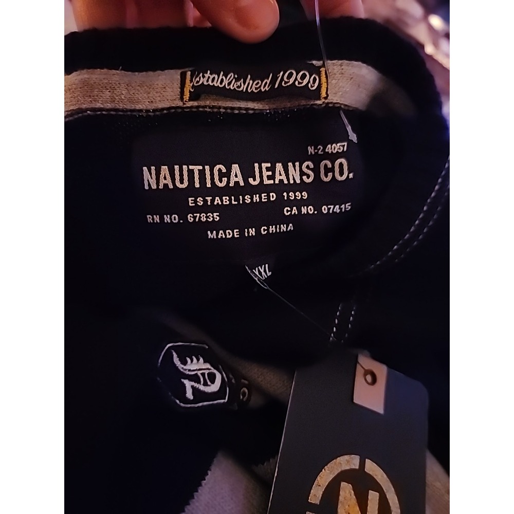 Nautica Jeans Sweater Mens XXL Blue Gray Striped Knit Pullover Cotton Patch Logo - Picture 6 of 9